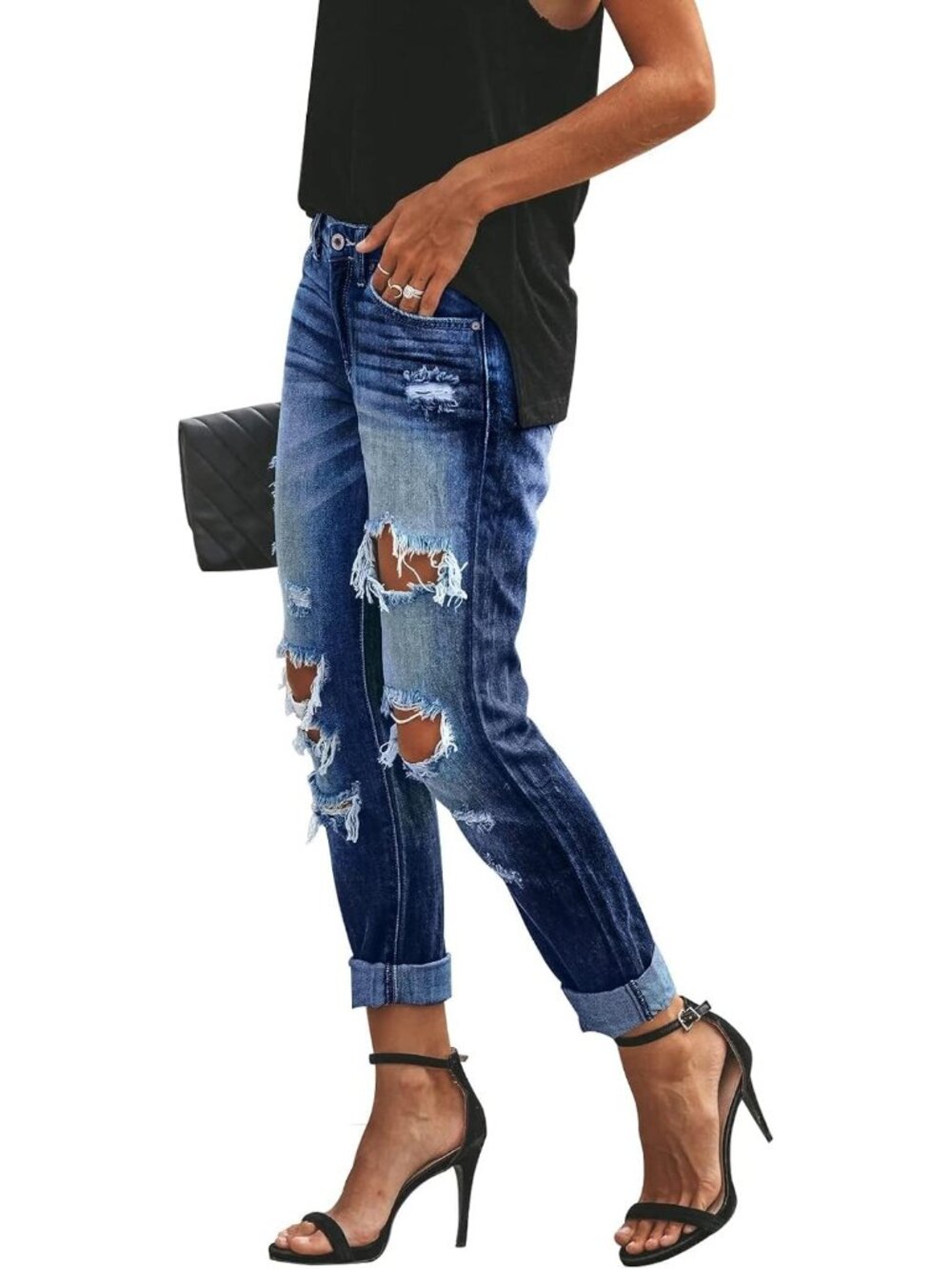 Women's Dark Blue Ripped Mid Waisted Boyfriend Jeans Loose Fit Distressed Jeans - Picture 2 of 5
